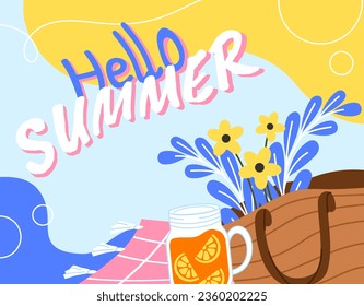 Summer card with picnic concept. Flowers near bag and glass with orange cold juice. Active lifestyle and outdoor leisure. Template, layout and mock up. Cartoon flat vector illustration