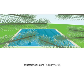 Summer card. Pine leafs in front of swimming pool. vector illustration