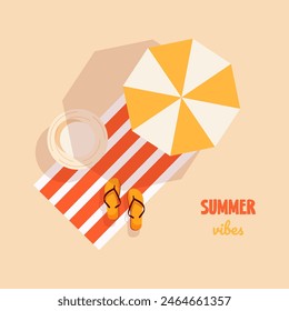 Summer card, poster, banner with beach towel, umbrella, hat, flip flops. Summer travel destination. Summer holiday  on the beach. Vector illustration