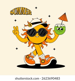 Summer card, poster or banner. Retro groovy character sun. Funky walking personage with cocktail coconut. Vintage summer vector illustration 70s, 80s style