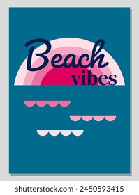 Summer card or poster concept in flat design. Inscription beach vibes against sunset background in geometric style.Vector illustration
