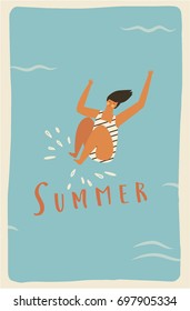 Summer card or poster design with a girl jumping in water in vector.