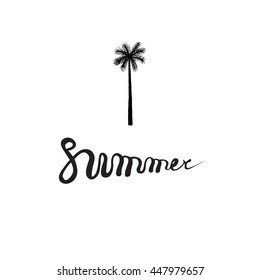 Summer card poster, emblem, quote. Brush pen handwritten lettering inspirational typography - Summer. Illustration with palm. Vector isolated
