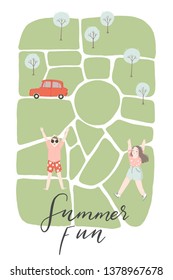 Summer card, poster or invitation with map of town. Hand drawn streets, park, people, tree and car. Summer design. Vector illustration background