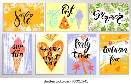 Sommerkarte, Plakatset mit Eis, Wassermelone, tropische Blätter und Schrift. Einladung, Grußkarte, Verkaufsvorlage, Ferienflyer, frische Farben Hintergrund. Horizontal und vertikal