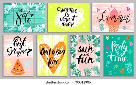 Summer card, poster set with ice cream, watermelon, tropical leaves and lettering. Invitation, greeting card, sale template, vacation flyer, fresh colors background. Horizontal and vertical