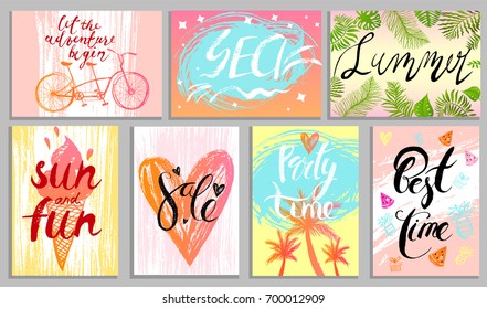 Summer card, poster set with ice cream, watermelon, tropical leaves and lettering. Invitation, greeting card, sale template, vacation flyer, fresh colors background. Horizontal and vertical