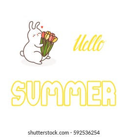 Summer card or poster template. Romantic rabbit with Tulips. Vector.