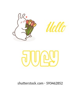 Summer card or poster template. Romantic rabbit with Tulips. Vector