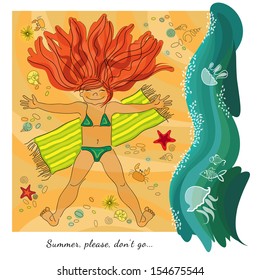 Summer card with redhead smiling girl on the sea beach with waves.