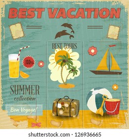 Summer Card In Retro Style. Vintage Vacation Postcard With Summer Items In Old Style. Vector Illustration.