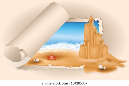 Summer card. Sand Castle on beach, vector illustration