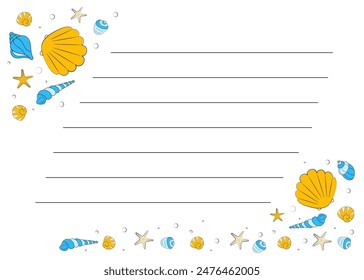 Summer card with sea illustration and empty lines. Vector template for note, memo, congratulation in doodle style.