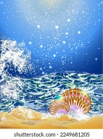 Summer card with Sea shell and ocean wave, vector illustration