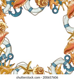 Summer Card with Sea Shells, Anchor, Lifeline on White Background