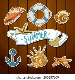 Summer Card with Sea Shells, Anchor, Lifeline on Wood Background