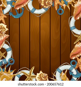 Summer Card with Sea Shells, Anchor, Lifeline on Wood Background