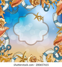 Summer Card with Sea Shells, Anchor, Lifeline on Sunny Background