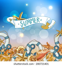 Summer Card with Sea Shells, Anchor, Lifeline on Sunny Background