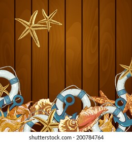 Summer Card with Sea Shells, Anchor, Lifeline on Wood Background