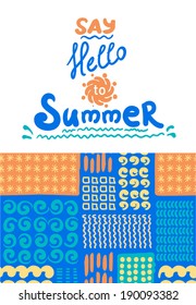 Summer card with seamless pattern with hand drawn doodles and designed text. Vector illustration.