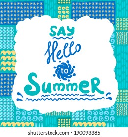 Summer card with seamless pattern with hand drawn doodles and designed text. Vector illustration.