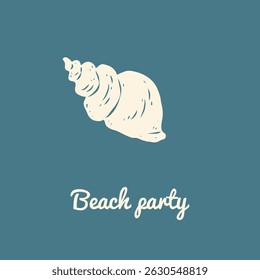 Summer card with seashell on blue background in vintage style. Template with text Beach party. Rough lines and texture. Ideal for greeting card, logo, social media, print, background.