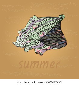 Summer card with seashells on the sand, it is written in the sand beach. Abstract multicolored shell, graphics, vector design