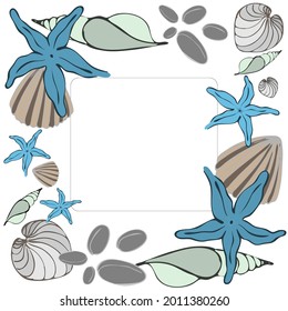 Summer card with seashells on a white background. Square frame made of hand drawn sea shells and stars.