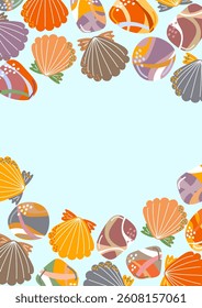 Summer card with seashells and pebbles. Colorful marine elements frame light blue background. For invitations, greeting cards, and tropical designs