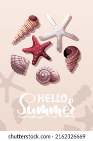 Summer card with seashells and starfish. Beach Holidays, Summer,  marine nature concept. Vector Illustration.