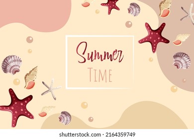 Summer card with seashells and starfish. Beach Holidays, Summer, marine nature concept. Vector Illustration.