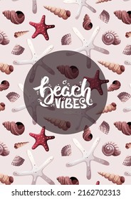 Summer card with seashells and starfish pattern. Beach Holidays, Summer, marine nature concept. Vector Illustration. Postcard, card design.