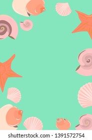 Summer card with seashells and starfish. Pink objects on a blue background.
