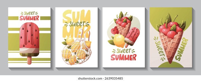 Summer card set with cherries in a waffle cone, watermelon popsicle, lemons in a net bag. "Sweet Summer" Handwritten lettering. Vector illustration for card, postcard, poster, banner.