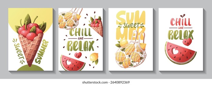 Summer card set with cherries in a waffle cone, watermelon slice, lemons. "Chill and Relax", "Sweet Summer" handwritten lettering. Vector illustration for card, postcard, poster, banner.
