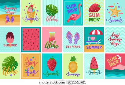 Summer card set. Colorful greeting cards for summer holidays and vacation. Beach vibes and cottagecore. Tag, tocket, coupon, label printable. Good for summer jourlaling, planner cards or stickers.