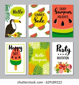 Summer card set, elements with quotes, calligraphy, flowers, wreath. Perfect for greeting cards, sale badges, scrapbook, poster, cover, tag, invitation. Hand drawn style, vector illustration.