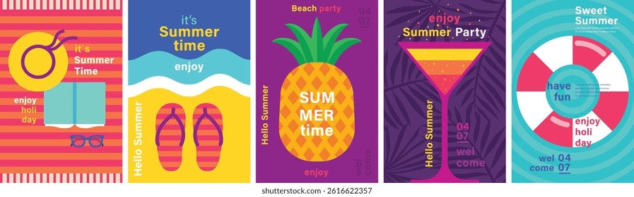 Summer card set. Posters and prints for your design. Hello Summer, summer time, food, drinks, cocktails, beach, fruits and other elements. Vector illustration. 