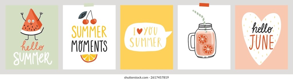 Summer card set. Posters and prints for your design. Hello Summer, I Love You Summer, food, drinks, ice cream, fruits and other elements. Vector illustration. 