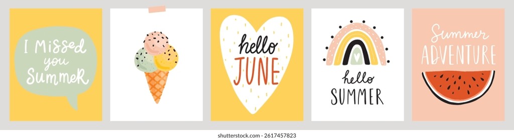 Summer card set. Posters and prints for your design. Hello Summer, I Love You Summer, food, drinks, ice cream, fruits and other elements. Vector illustration. 