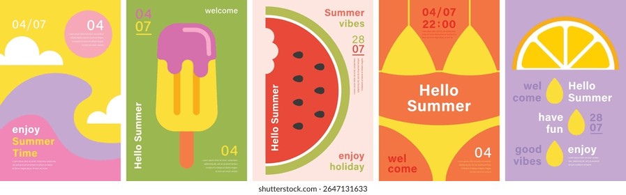 Summer card set. Posters and prints for your design. Hello Summer, summer time, food, drinks, ice cream, beach, fruits and other elements. Vector illustration. 