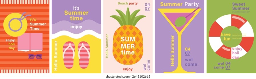 Summer card set. Posters and prints for your design. Hello Summer, summer time, food, drinks, ice cream, beach, fruits and other elements. Vector illustration. 