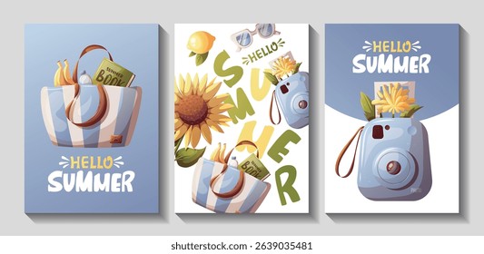 Summer card set with sunflower, instant camera, beach bag. "Hello Summer" handwritten lettering. Vector illustration for card, postcard, poster, banner.