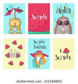 Summer card set, vector hand drawn illustration. Hello summer, aloha, I love summer, summer holidays lettering and cute animals squirrel, hedgehog fox with pineapples and slices of watermelon.