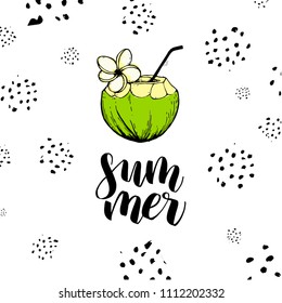 Summer card. Sketch of coconut. Vintage engraved illustration isolated on white background. Template for label, poster, postcard, invitation, flyer, logo, web. Summer lettering