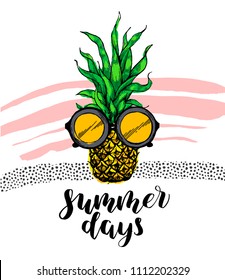 Summer card. Sketch of pineapple. Vintage engraved illustration isolated on white background. Template for label, poster, postcard, invitation, flyer, logo, web. Summer days lettering