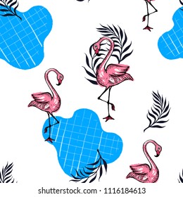 Summer card. Sketch of pink flamingo. Vintage engraved illustration isolated on white background. Template for label, poster, postcard, invitation, flyer, logo, web. Lettering