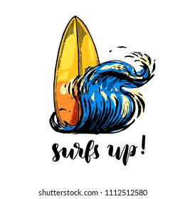 Summer card. Sketch of surf and wave. Vintage engraved illustration isolated on white background. Template for label, poster, postcard, invitation, flyer, logo, web. Surf's up lettering