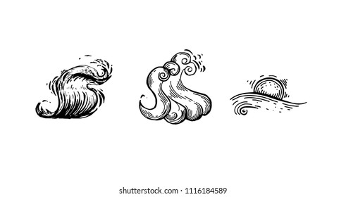 Summer card. Sketch of wave set. Vintage engraved illustration isolated on white background. Template for label, poster, postcard, invitation, flyer, logo, web. Surf's up lettering